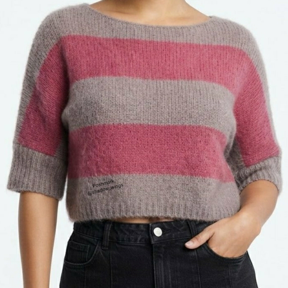 American Eagle Outfitters Sweaters - American Eagle Mocha and Pink Stripe Sweater - Size Small Pullover 3/4 Sleeves